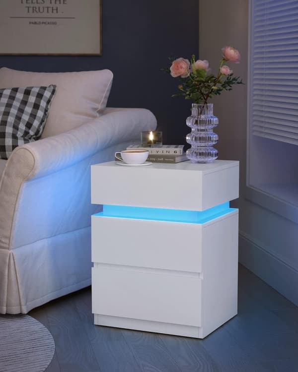 Natbord, Flerfarvet Led Strip, 3 skuffer, Modern Style Sidebord, 35 X 40 X 55 Cm, ​​​​hvid