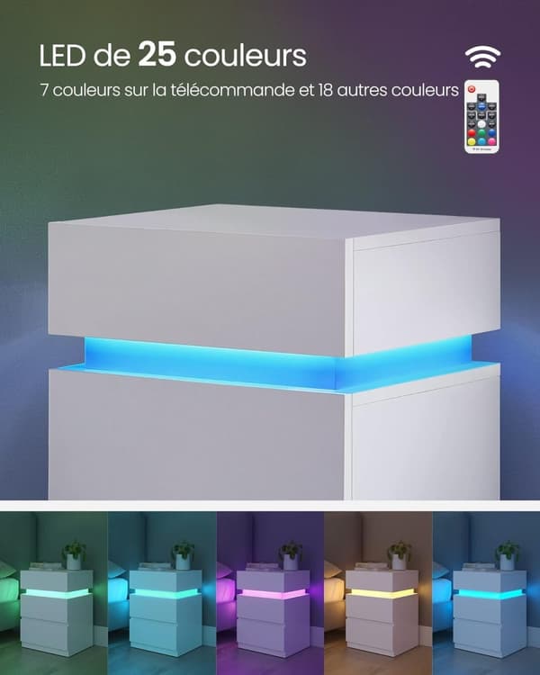 Natbord, Flerfarvet Led Strip, 3 skuffer, Modern Style Sidebord, 35 X 40 X 55 Cm, ​​​​hvid