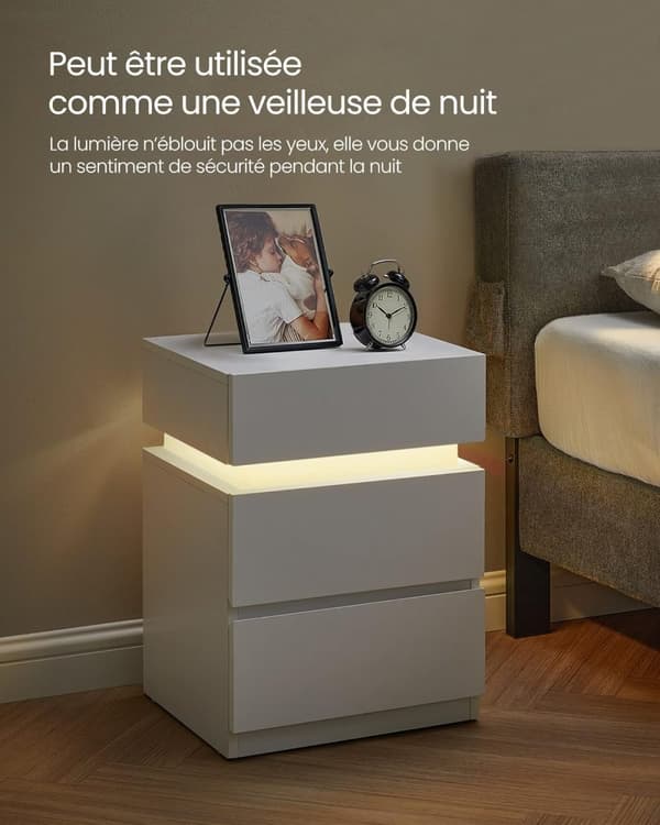 Natbord, Flerfarvet Led Strip, 3 skuffer, Modern Style Sidebord, 35 X 40 X 55 Cm, ​​​​hvid