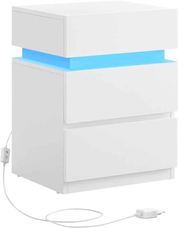 Natbord, Flerfarvet Led Strip, 3 skuffer, Modern Style Sidebord, 35 X 40 X 55 Cm, ​​​​hvid