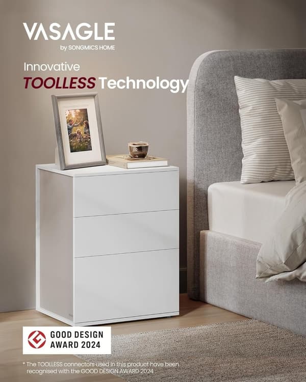 Superhurtig montering uden værktøj, natbord, 3 opbevaringsskuffer, sidebord, cappuccino beige