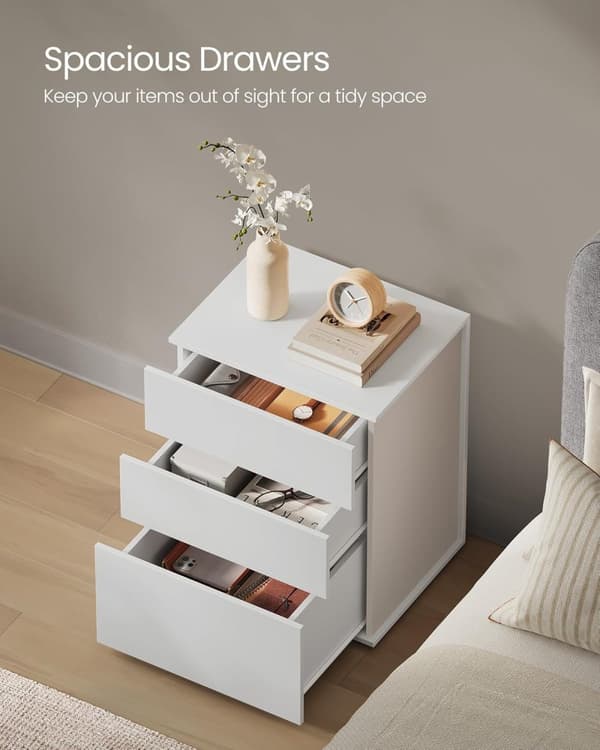 Superhurtig montering uden værktøj, natbord, 3 opbevaringsskuffer, sidebord, cappuccino beige