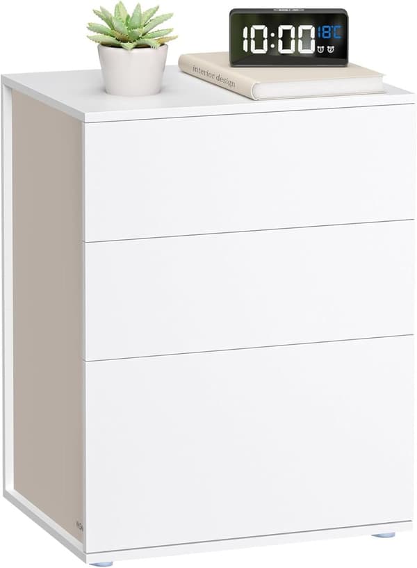 Superhurtig montering uden værktøj, natbord, 3 opbevaringsskuffer, sidebord, cappuccino beige