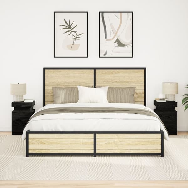vidaXL Nattbord med LED-lys 2 stk Svart Eik 35x39x55 cm