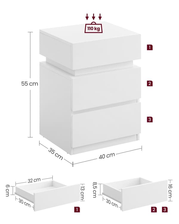 Bord, VASAGLE natbord med LED-belysning, 33,5 x 40 x 55 cm, Hvid.