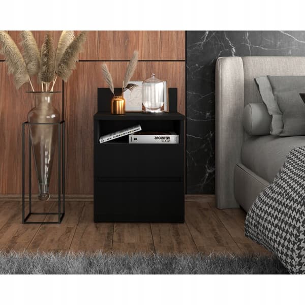 Svart Sängbord 40cm 2 Lådor Hylla Sovrumsmöbler