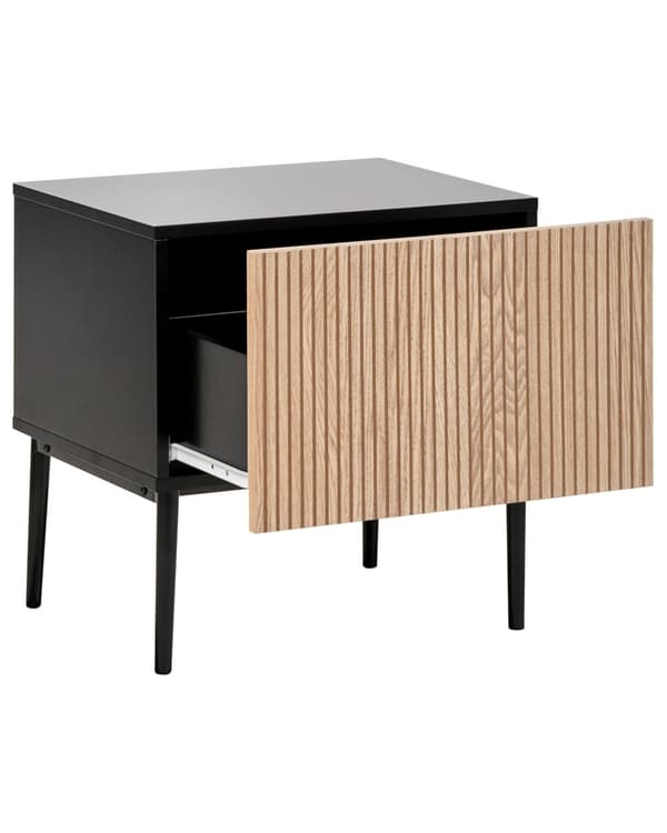 Natbord Sort MDF Lyst træ Ribbet design Natbord med 1 skuffe Moderne soveværelse