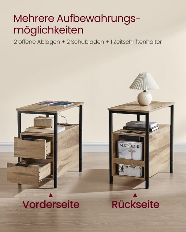 Sengbord - sidebord - 2 skuffer - med stikkontakt - Brun