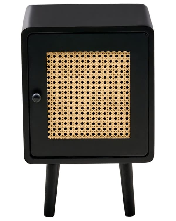 Sengebord Sort MDF-sengebord med rattanfront i boho-stil