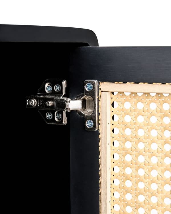 Sengebord Sort MDF-sengebord med rattanfront i boho-stil