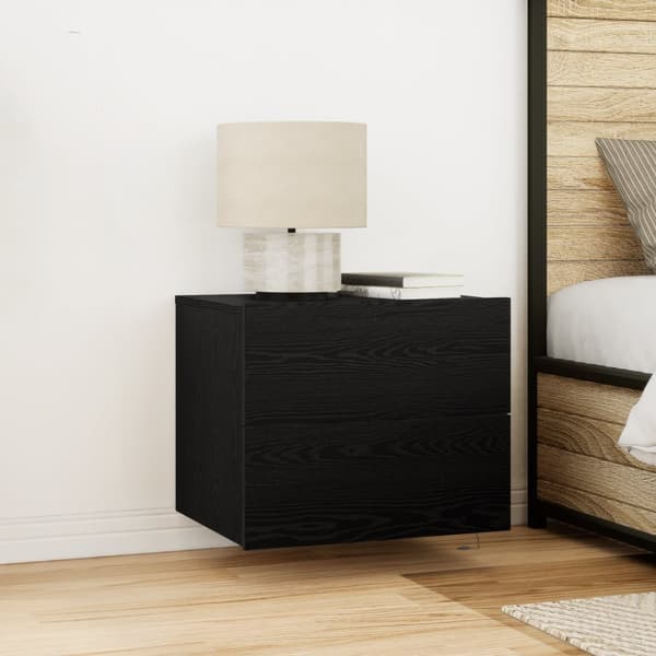Sängbord med LED-lampor väggmonterat svart ek 50x39x41 cm