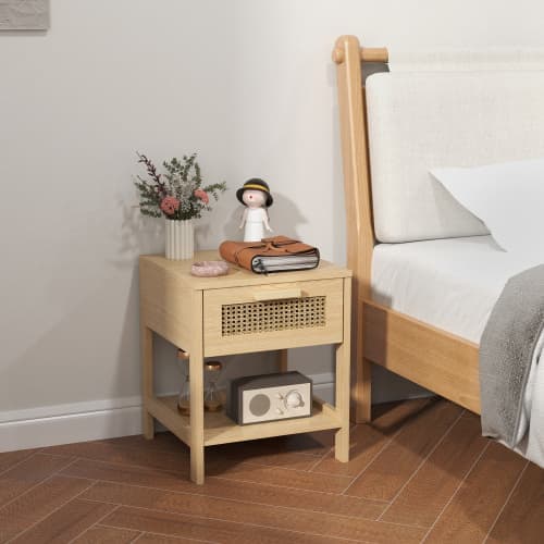 Sidebord med naturligt natbord, sengebord med skuffer, åbne hylder, rattan design