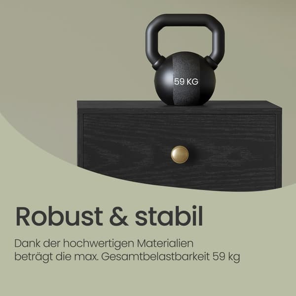 Sengbord, sidebord med skuffe og åben hylde, træben
