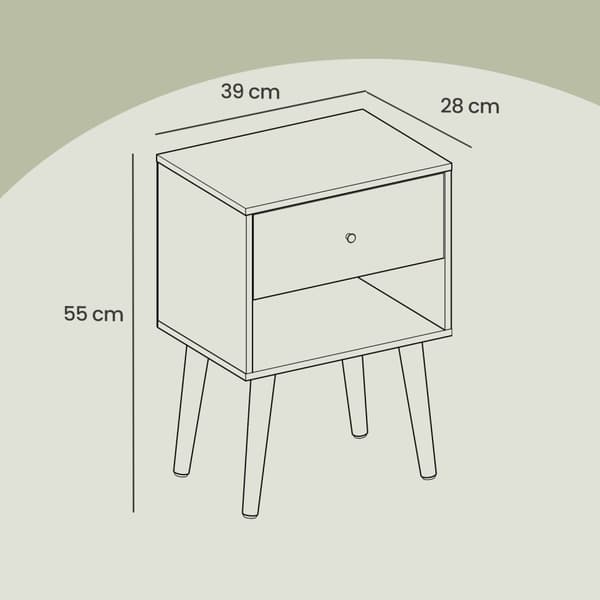 Sengbord, sidebord med skuffe og åben hylde, træben