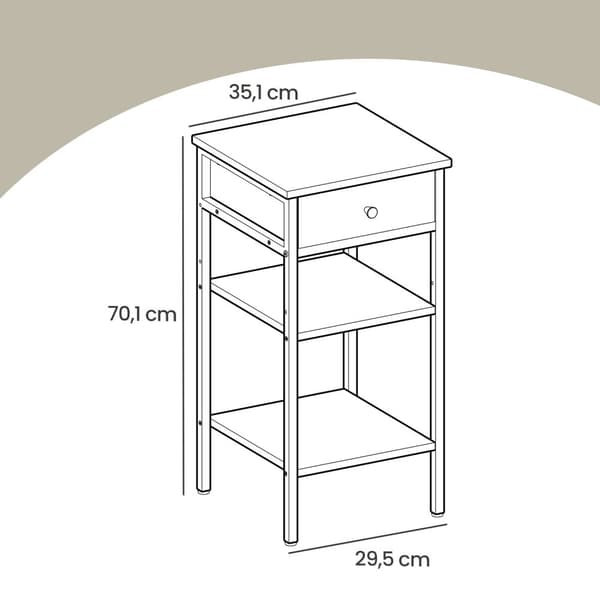 Sengbord, sidebord, skuffe og åbne rum
