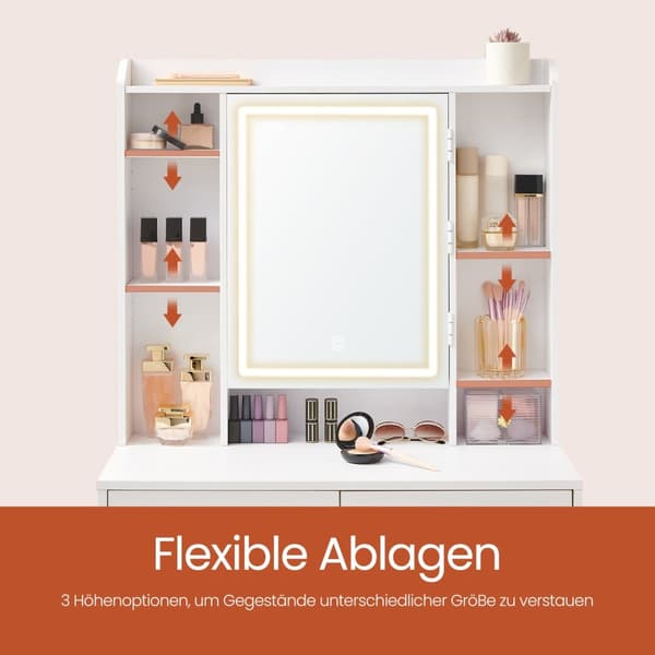 Sminkebord med LED-belysning, 40x97.5x145 cm, Skyhvid