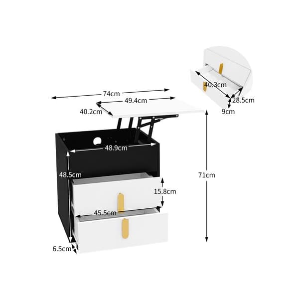 Nattduksbord med USB-laddningsport, inkl. lyftbord, mobil pulldesign, svart + vitt