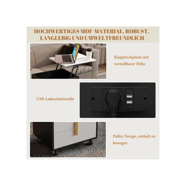 Nattduksbord med USB-laddningsport, inkl. lyftbord, mobil pulldesign, svart + vitt