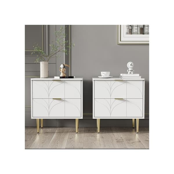 Modern nattduksbord med guldben och handtag, blommönster, set med 2 med 2 lådor, 50L*40P*54H cm, Vit