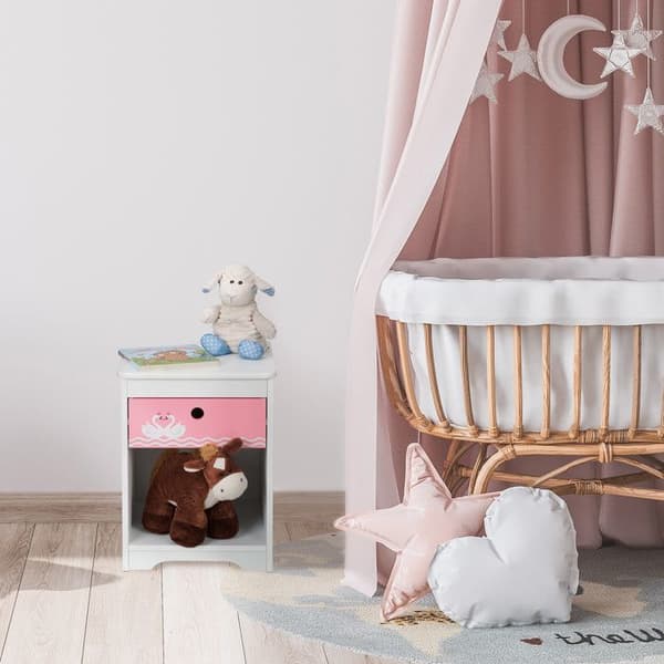 Relaxdays Barnbord för barn, svanar, låda och förvaring, nattmöbel, byrå, HLP: 41x32x31 cm, vit-rosa