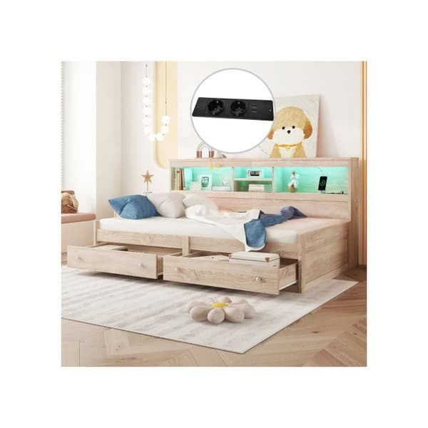 Daybett, dagsäng 90*200 cm, sängbord, säng med 2 USB-portar och 2 laddningsuttag (utan madrass) naturlig färg