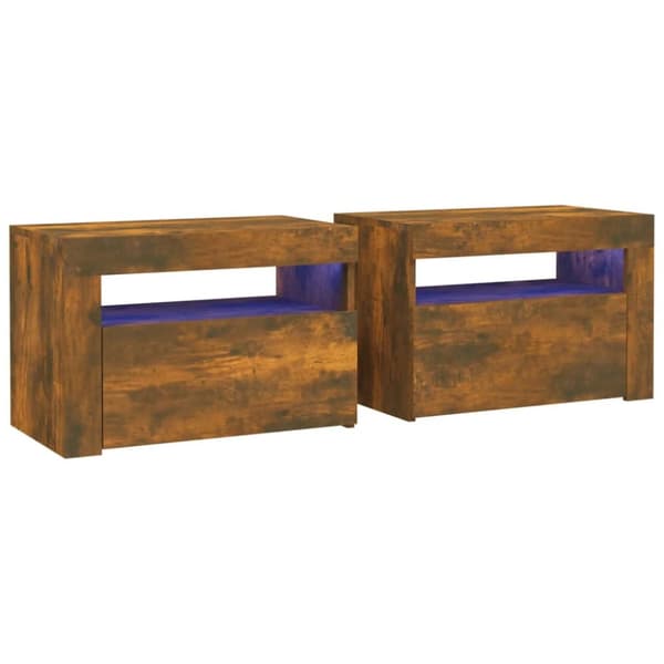 Sängbord 2 st med LED-belysning rökfärgad ek 60x35x40 cm