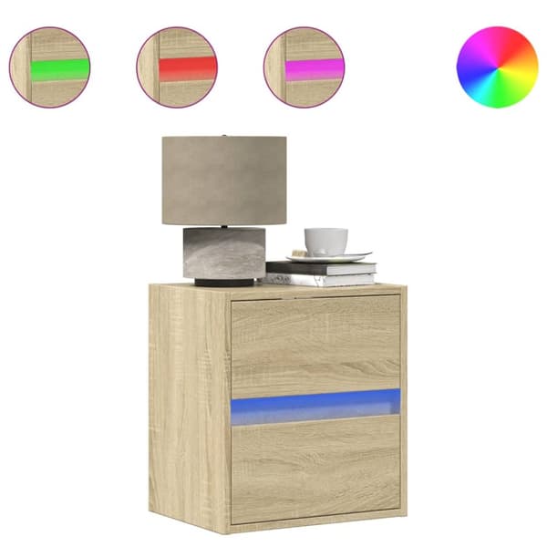 Väggmonterade sängbord med LED-lampor 2 st sonoma-ek
