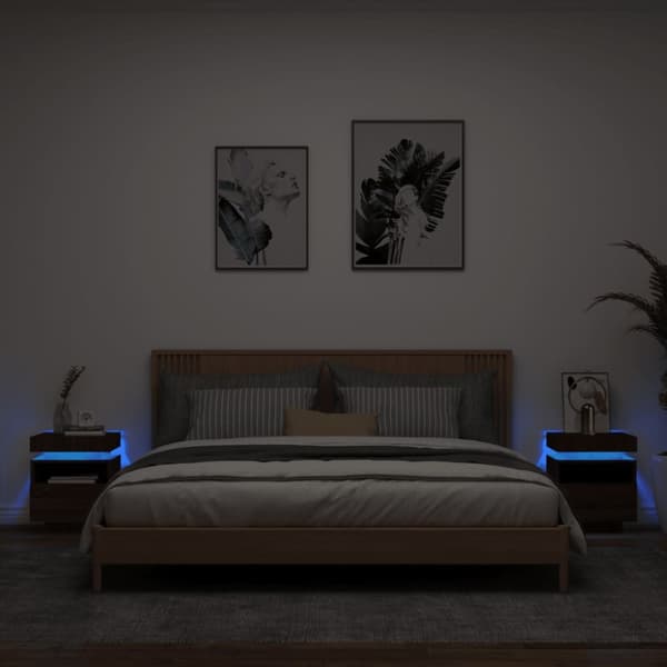Sängbord med LED-belysning 2 st brun ek 40x39x48,5 cm