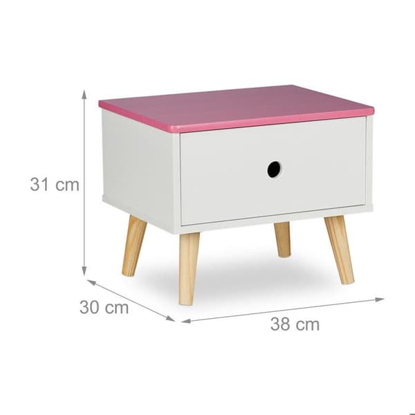 Relaxdays Nattduksbord för barn, med låda, HLP 31x38x30 cm, sovrum, liten byrå, trä och MDF, vit-rosa