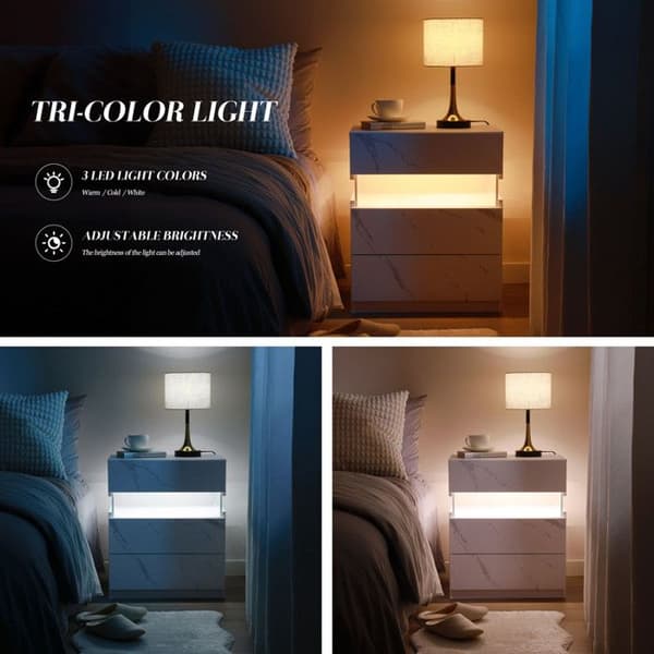 LED Nattduksbord med 3 lådor och akrylpanel LED Nattduksbord (Vit Sten)