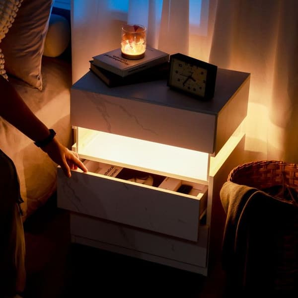 LED Nattduksbord med 3 lådor och akrylpanel LED Nattduksbord (Vit Sten)