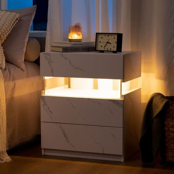 LED Nattduksbord med 3 lådor och akrylpanel LED Nattduksbord (Vit Sten)