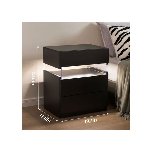 LED-nattklänning med 3 lådor för sovrum med akrylpanel LED-nattklänning (Svart)