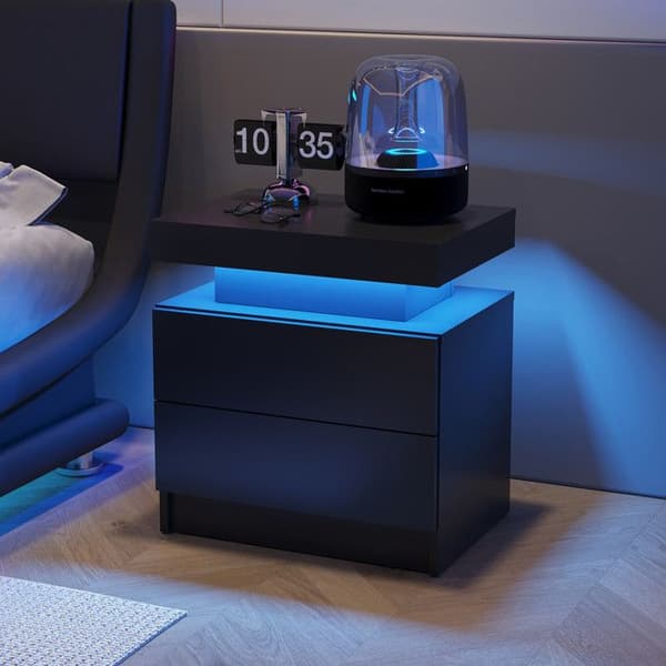 LED-nattduksbord Modern Lampa med 2 Lådor för Sovrum (Svart)