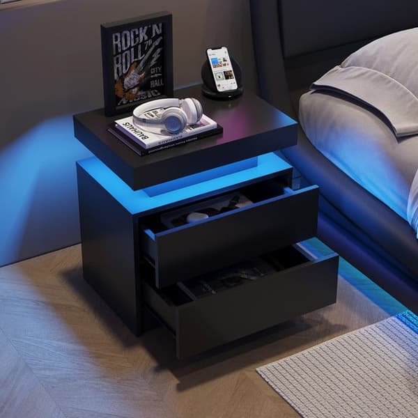 LED-nattduksbord Modern Lampa med 2 Lådor för Sovrum (Svart)