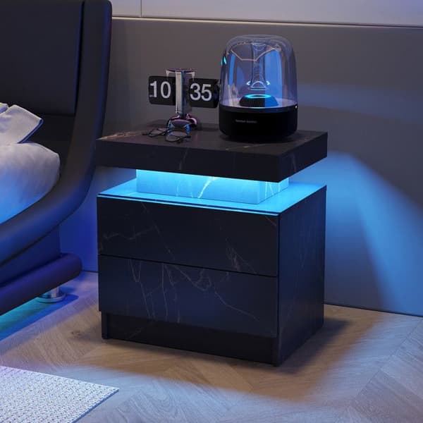 LED-nattduksbord, modernt sängbord med 2 lådor för sovrum (Svart Guld)