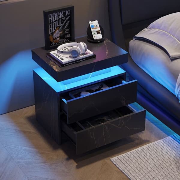 LED-nattduksbord, modernt sängbord med 2 lådor för sovrum (Svart Guld)