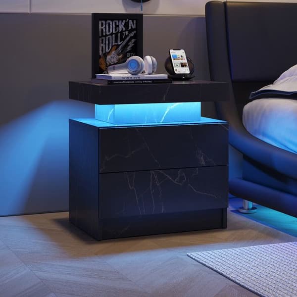 LED-nattduksbord, modernt sängbord med 2 lådor för sovrum (Svart Guld)