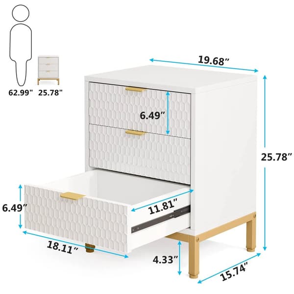 Yöpöytä, 258 cm korkea, 3 laatikkoa, säilytystilaa, VALKOINEN