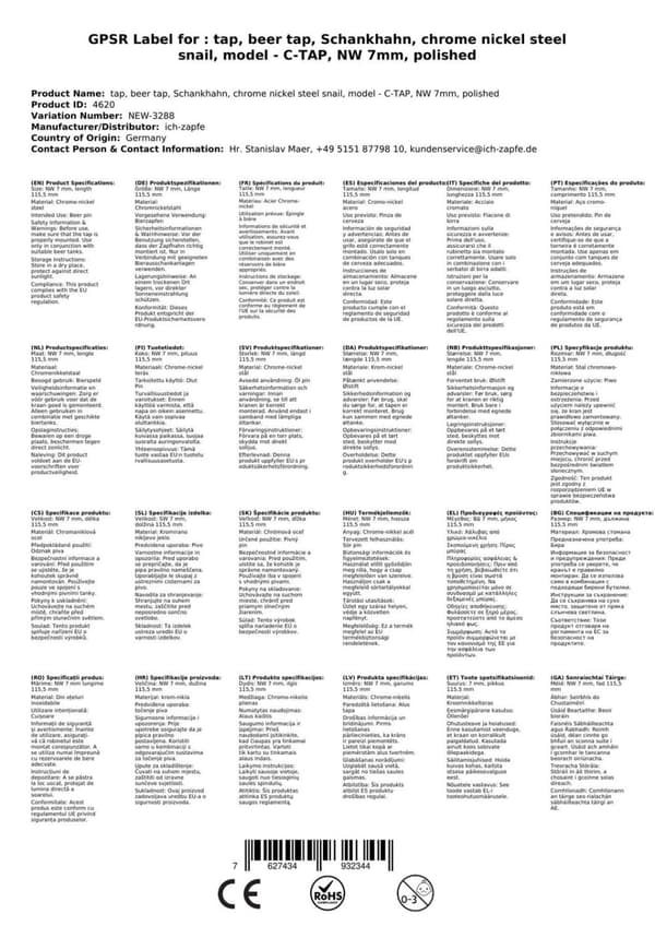Tappkran öl C-TAP tillverkad i kromat nickelstål, NW 7 mm, polerad, ganglangd:55 mm