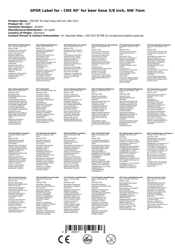 Albuekobling, Albuefitting, Vinkelkobling, Slangekobling, Slangeadapter, Adapter til slange CNS 90° til ølslange 5/8 tommer, NW 7 mm