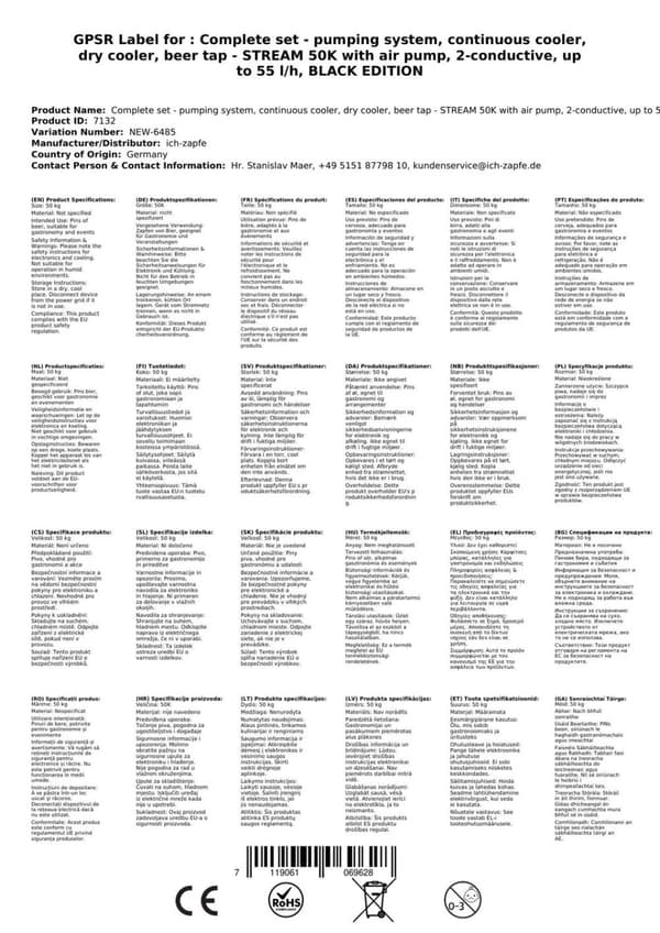 Oluthana STREAM 50K ilmapumpulla, olutpussi, läpivirtausjäähdytin 2-rivinen kuivajäähdytin, jopa 55 l/h, KEG 2:5 litran sovitin, KEG:NC-sovitin