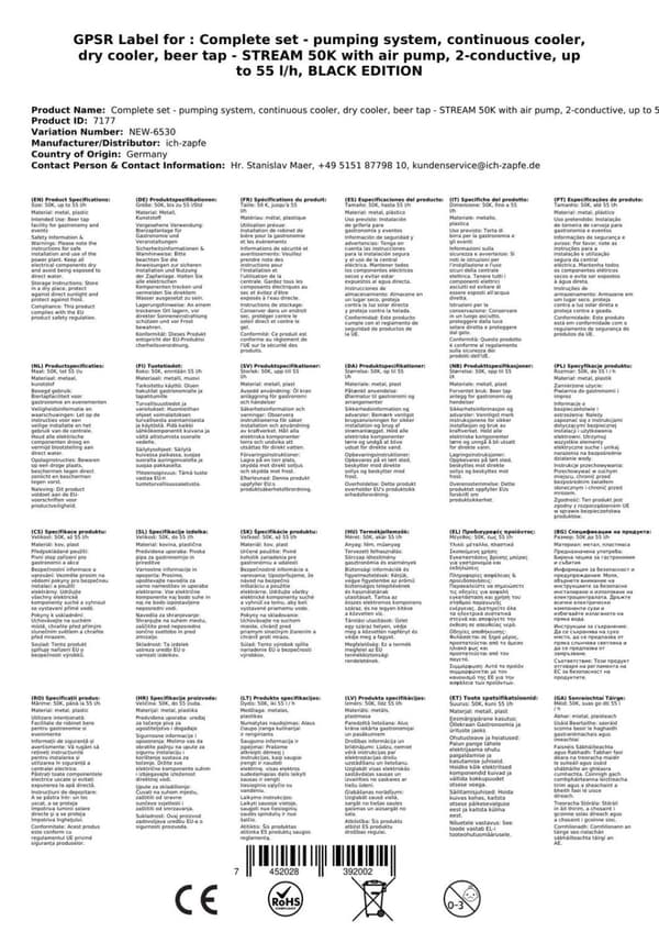 Oluthana STREAM 50K ilmapumpulla, olutpussi, läpivirtausjäähdytin 2-rivinen kuivajäähdytin, jopa 55 litraa / h, KEG 2:Type S, KEG:NC-sovitin