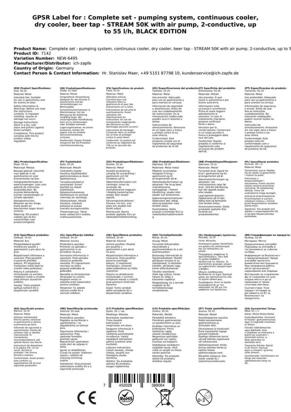 Oluthana STREAM 50K ilmapumpulla, olutpussi, läpivirtausjäähdytin 2-linjainen kuivajäähdytin, jopa 55 litraa / h, KEG:Type M, KEG 2:NC-sovitin