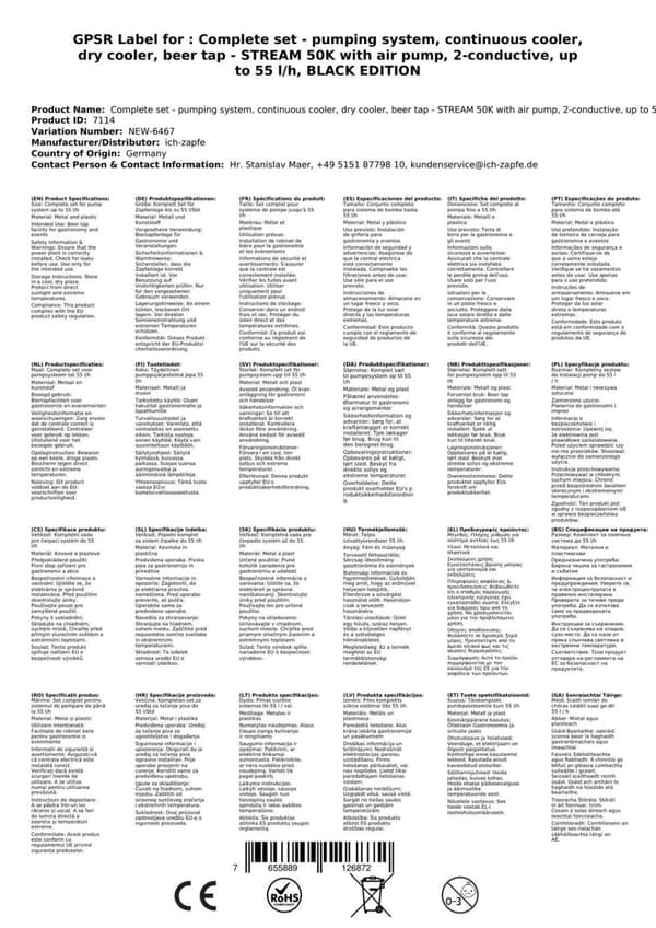 Oluthana STREAM 50K ilmapumpulla, olutpussi, läpivirtausjäähdytin 2-rivinen kuivajäähdytin, jopa 55 litraa / h, KEG:Type S, KEG 2:NC-sovitin