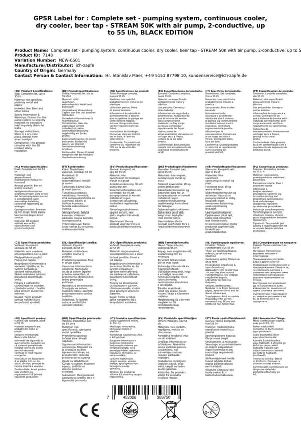 Oluthana STREAM 50K ilmapumpulla, olutpussi, läpivirtausjäähdytin 2-rivinen kuivajäähdytin, jopa 55 litraa / h, KEG:Type G, KEG 2:NC-sovitin
