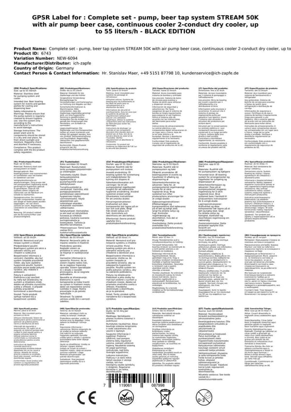 Oluthana STREAM 50K ilmapumpulla olutkori, virtausjäähdytin 2-johtoinen kuivajäähdytin, jopa 55 litraa/h - BLACK EDITION, KEG 2:Type G, KEG:NC-sovitin