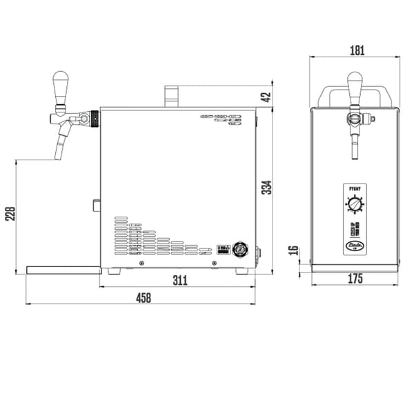 Under-counter fadølsanlæg, PYGMY 25 LE, 1-sidet tør køler, 30 liter/h, inkl. Dispenser, Green Line, KEG:5 liters adapter