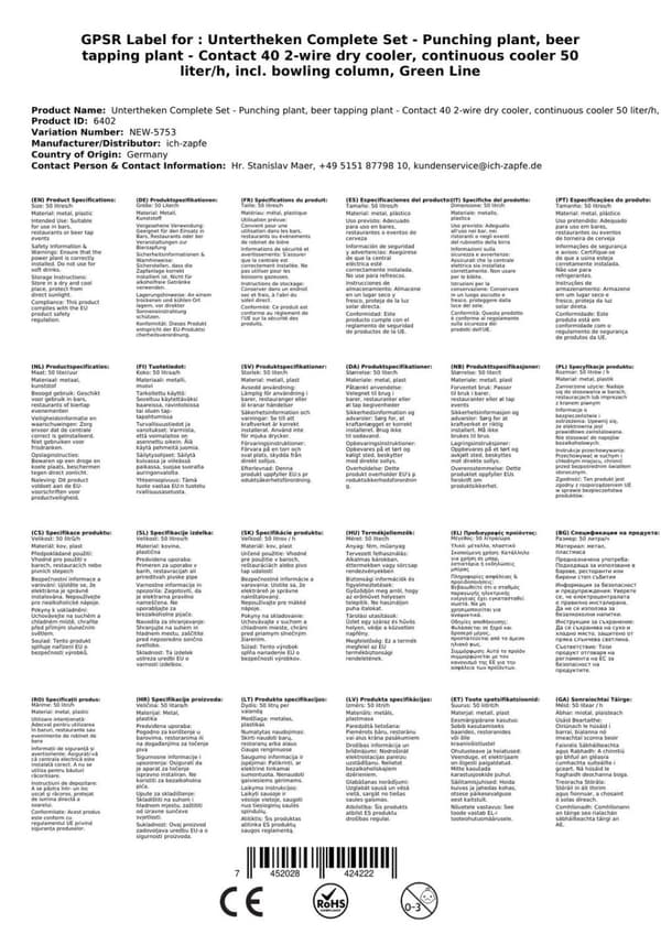 Oluthana Kontakt 40 2-puolinen kuivajäähdytin, jatkuva jäähdytin 50 litraa / h, sis. Annostelija, Green Line, KEG 2:Type M, KEG:NC-sovitin