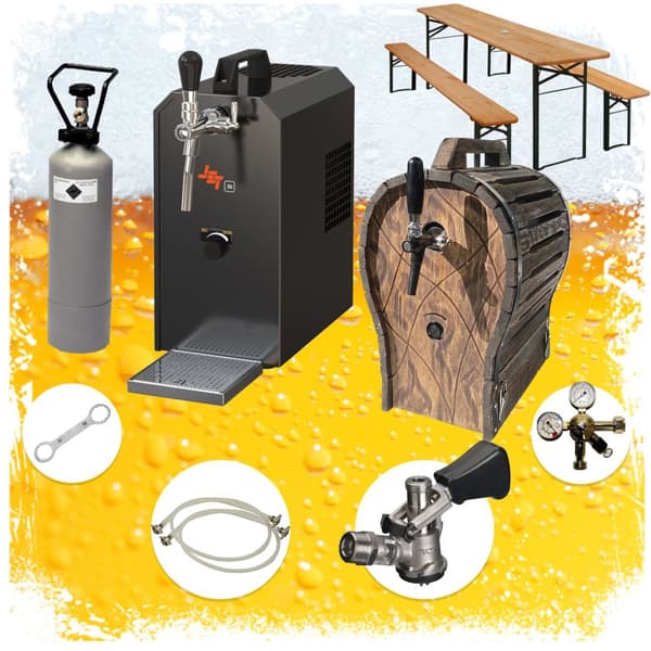 Komplett set - Öltapp, öl resväska waterchiller JET 30 en linje torr kylare, 35 liter/h -Bierkoffer, Fällbart öltält med trätunna, KEG:NC Adapter